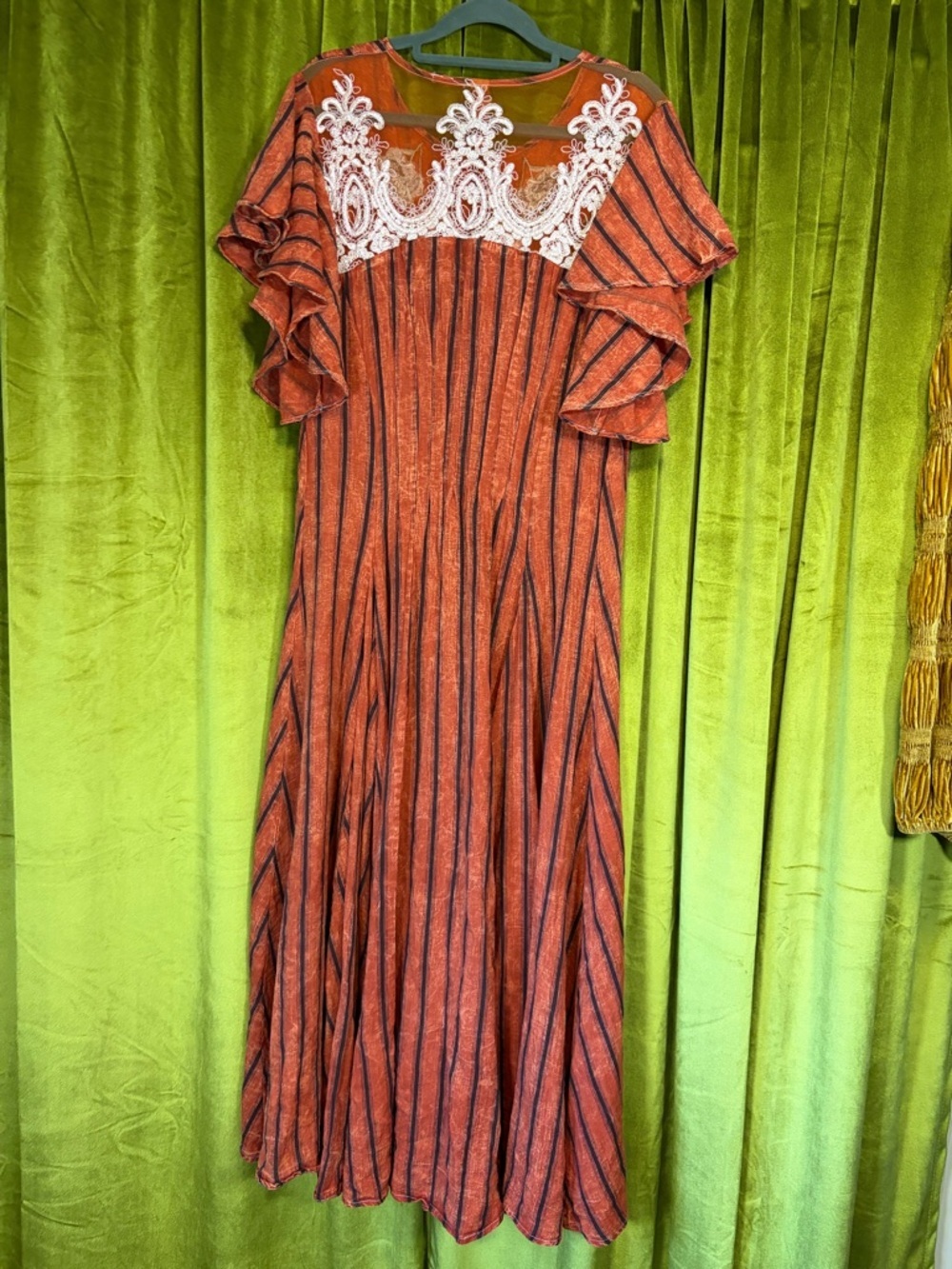 Aratta Silent Journey Rust-Striped Embroidered Floral Lace Midi Maxi Dress L - Picture 5 of 9